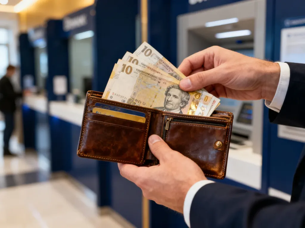 Zbliżenie na dłonie trzymające portfel pełen gotówki w nowoczesnym wnętrzu banku, symbolizujące bezpieczeństwo finansowe.