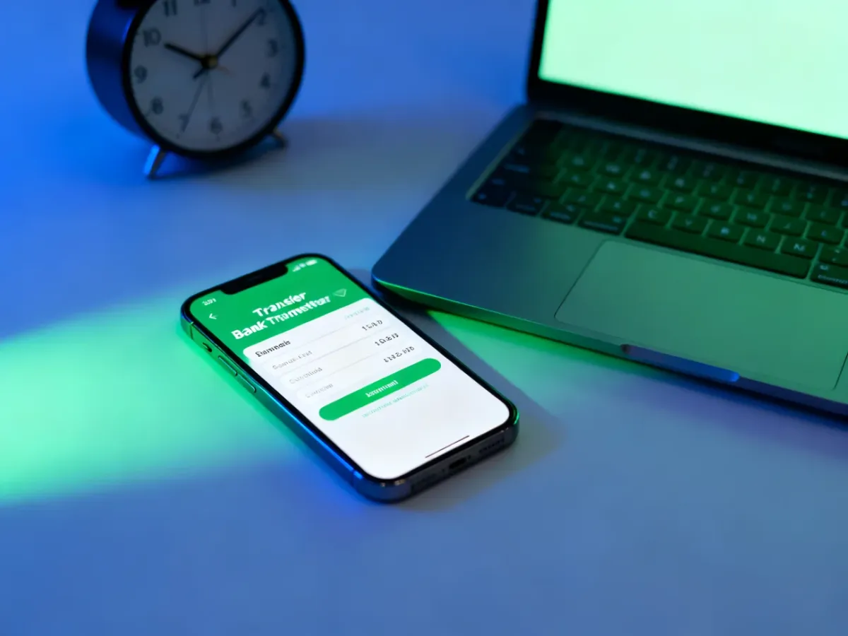 Smartfon i laptop symbolizujące krajowy przelew bankowy oraz czas jego realizacji