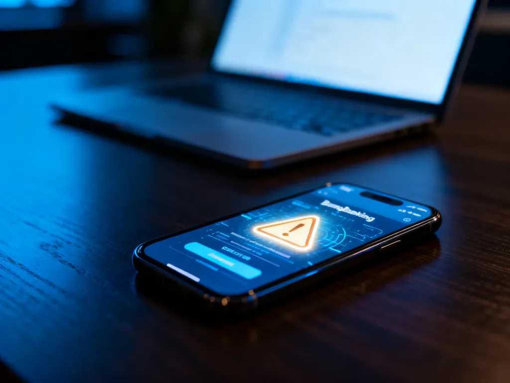 Smartfon z ikoną ostrzeżenia na ekranie bankowości mobilnej, symbolizujący zagrożenie oszustwem finansowym.