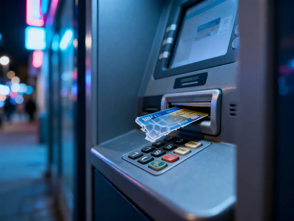 Zbliżenie na czytnik kart w bankomacie z widoczną nakładką skimmingową, która wskazuje na próbę kradzieży danych.