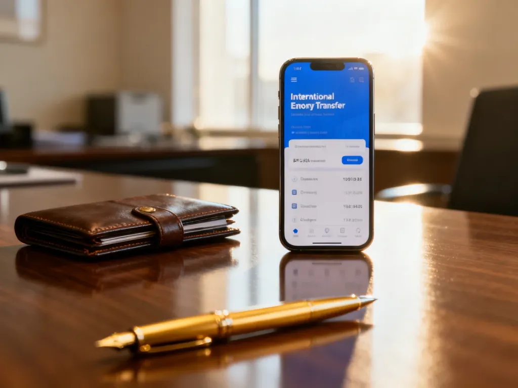 Smartfon z otwartą aplikacją bankową na biurku, symbolizujący wygodne i bezpieczne wykonywanie przelewów międzynarodowych.