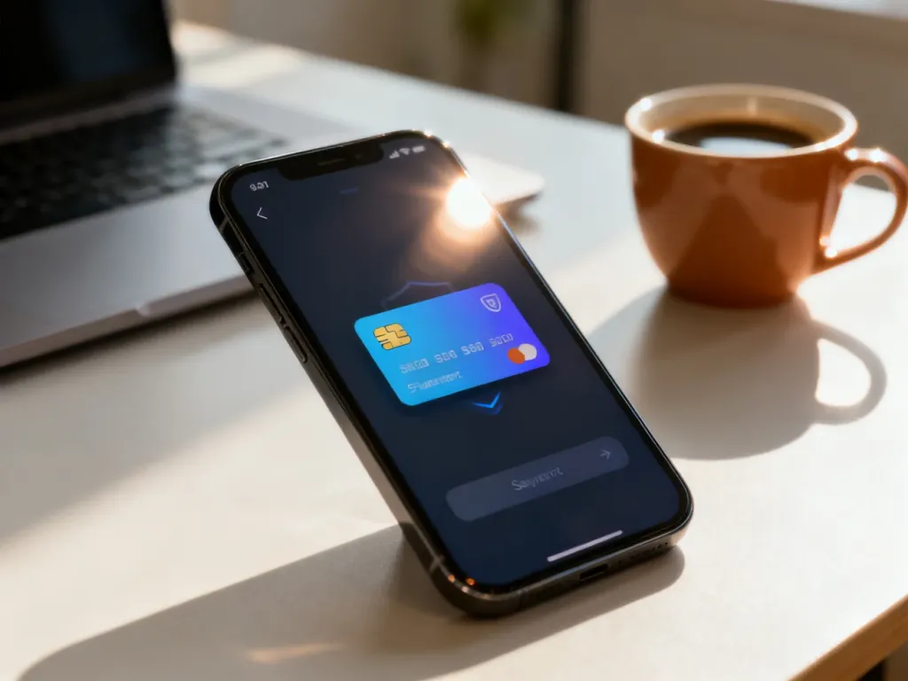 Smartfon z wyświetlonym interfejsem płatności cyfrowych na tle biurka, symbolizujący wygodę i bezpieczeństwo e-przelewów.