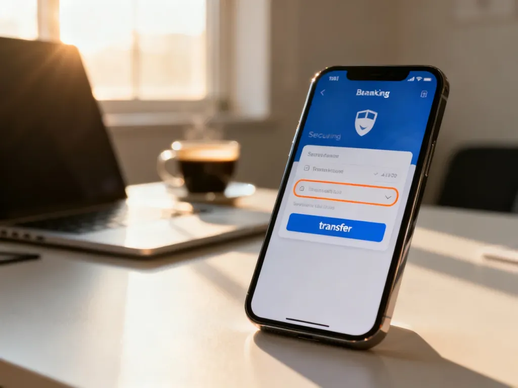 Ekran smartfona z otwartą aplikacją bankową i widocznym przyciskiem przelewu na tle biurka.