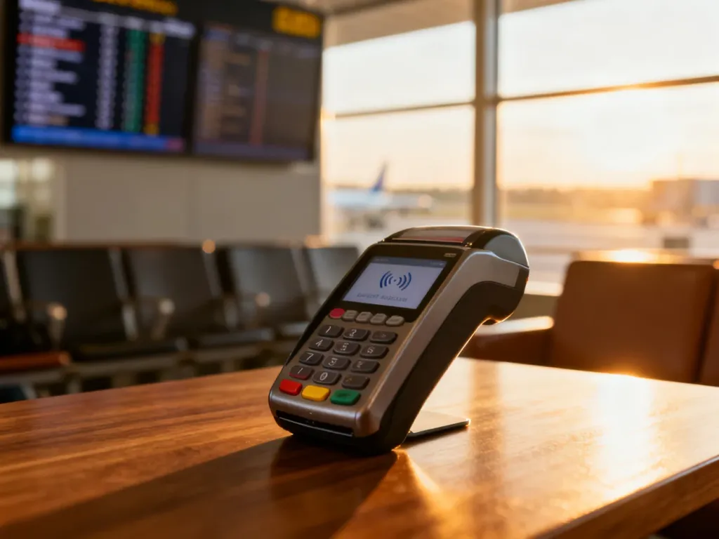 Terminal płatniczy na lotniskowym stoliku, symbolizujący wygodę płatności bezgotówkowych podczas zagranicznych podróży.