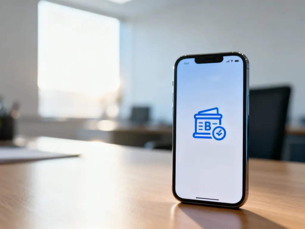 Smartfon z aplikacją bankową na drewnianym biurku, symbolizujący szybkie i nowoczesne przelewy zagraniczne.
