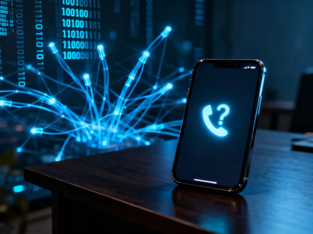 Smartfon z ikoną połączenia i znakiem zapytania na tle cyfrowej sieci, ilustrujący zagrożenie spoofingiem telefonicznym.