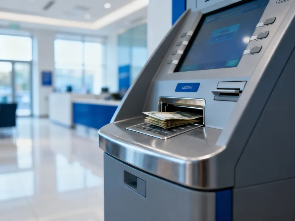 Nowoczesny wpłatomat wewnątrz banku z widocznym otworem na banknoty oraz ekranem dotykowym.