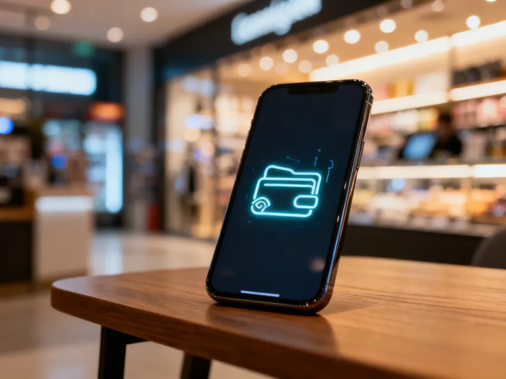 Smartfon z otwartym cyfrowym portfelem na drewnianym stole, symbolizujący nowoczesne płatności zbliżeniowe.