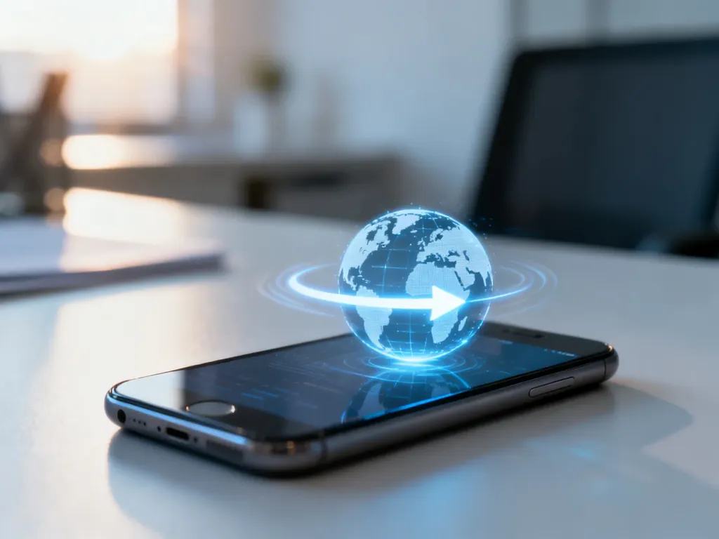 Smartfon z ikoną cyfrowego globu i strzałką symbolizującą szybki międzynarodowy przelew pieniężny.