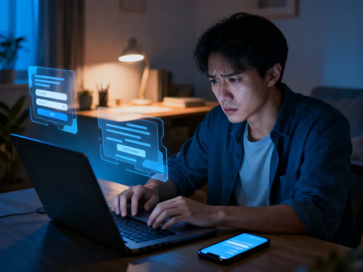 Osoba odzyskująca przejęte konto za pomocą laptopa i smartfona