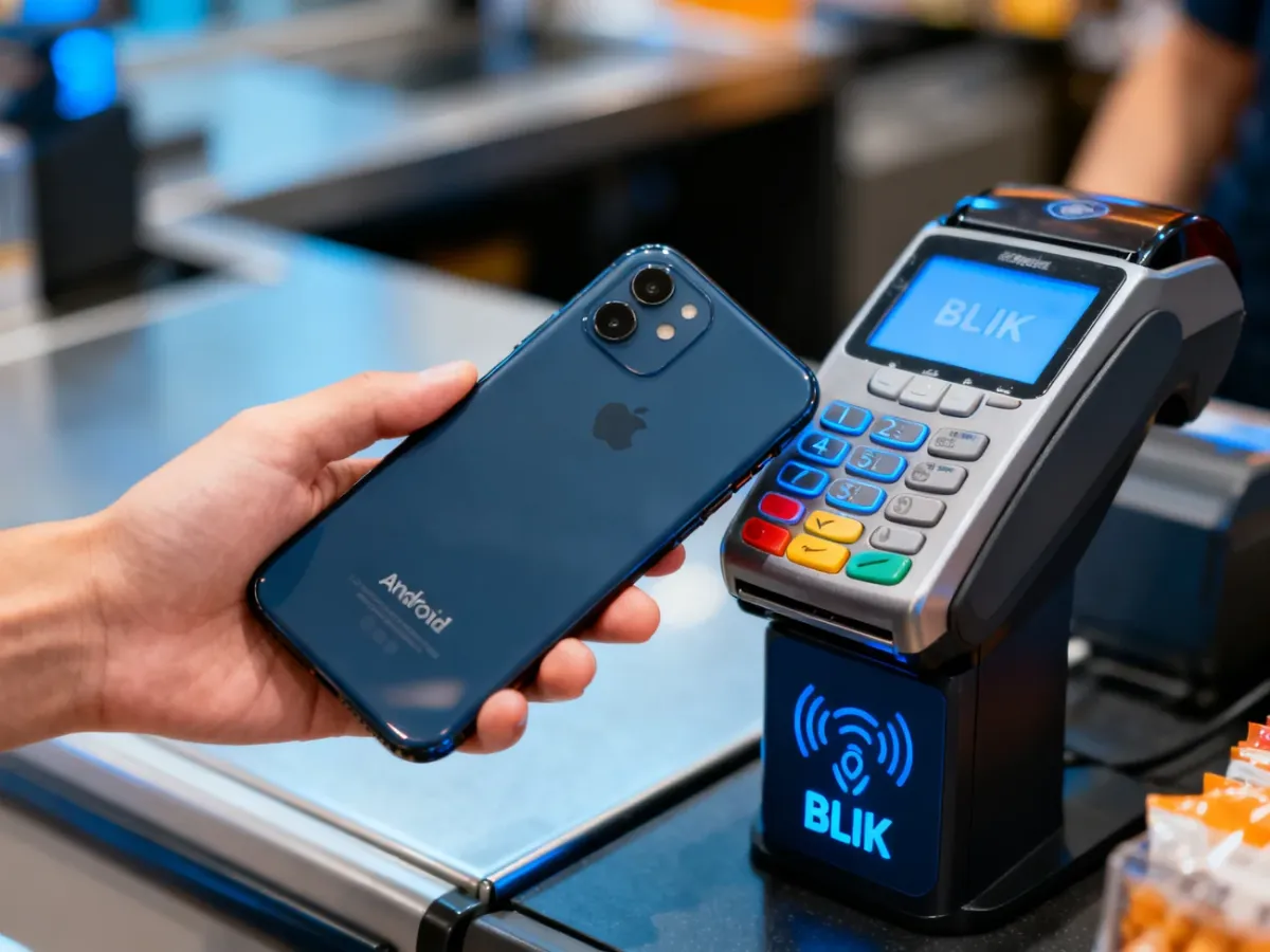 Telefon zbliżony do terminala podczas płatności BLIK