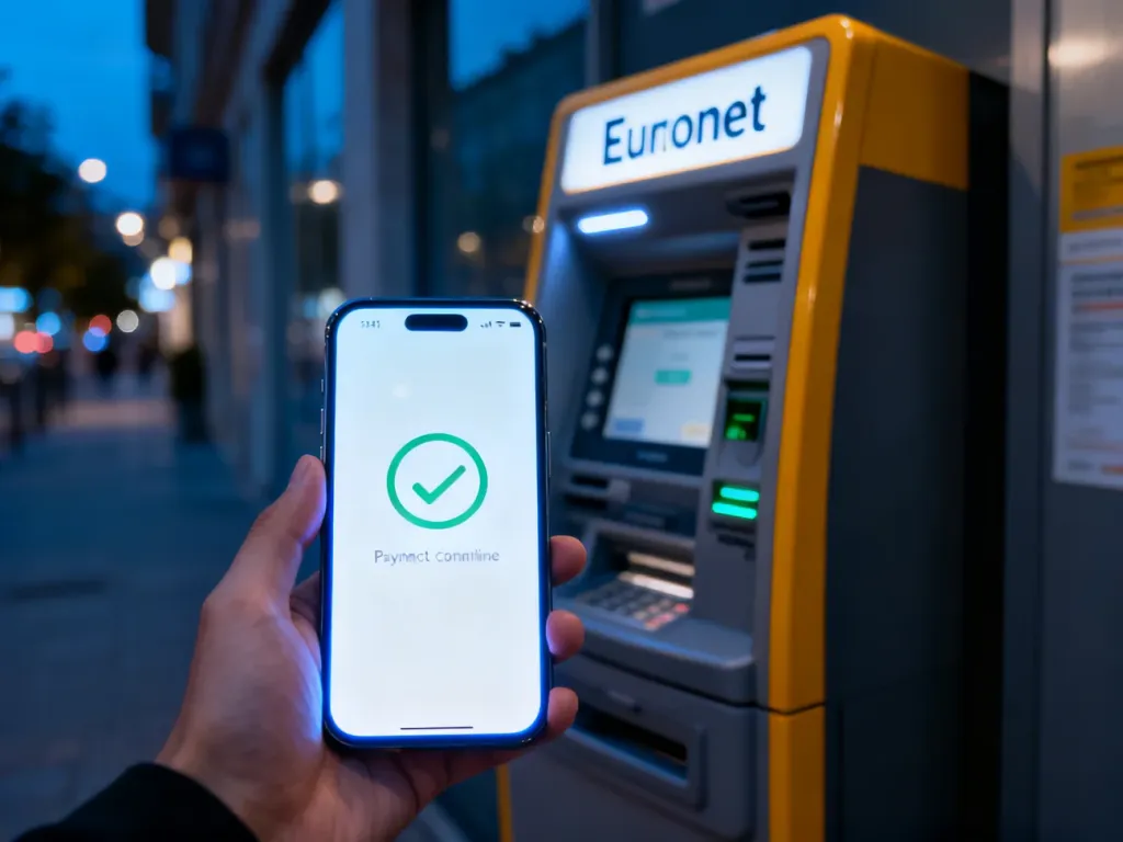 Smartfon z potwierdzeniem płatności BLIK na tle bankomatu Euronet w wieczornej scenerii.