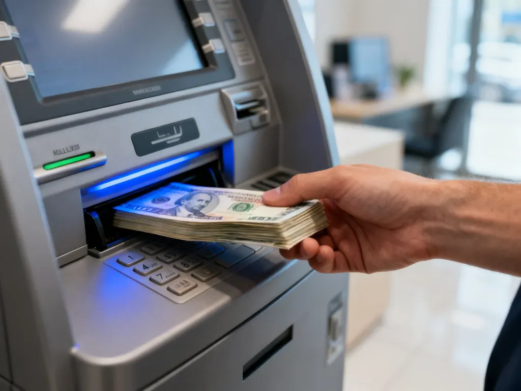 Dłoń wkładająca plik banknotów do szczeliny nowoczesnego wpłatomatu w banku.