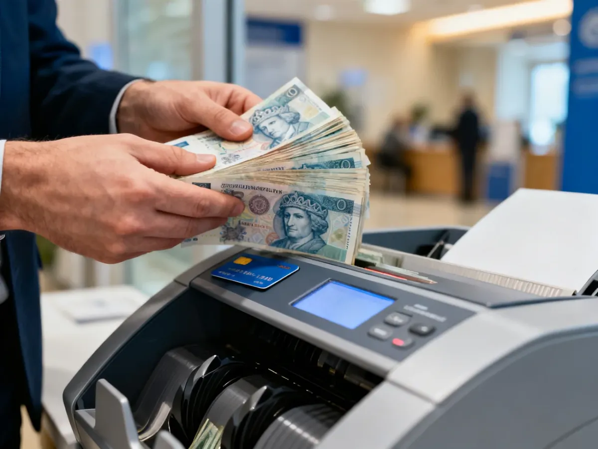 Osoba wkładająca uporządkowane banknoty do wpłatomatu