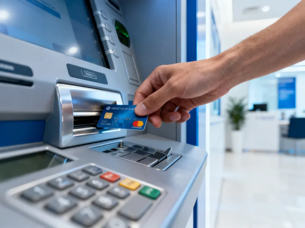 Dłoń wkładająca kartę płatniczą do bankomatu w celu wypłaty gotówki.