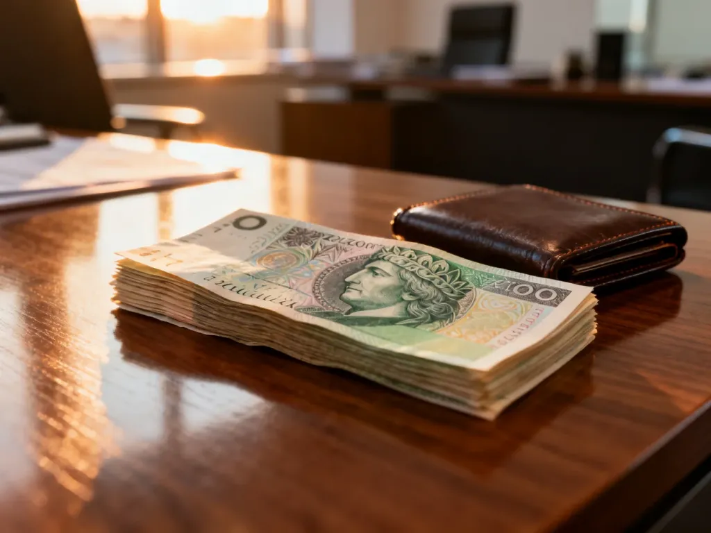 Stos banknotów złotych i skórzany portfel na drewnianym biurku w profesjonalnym biurze.