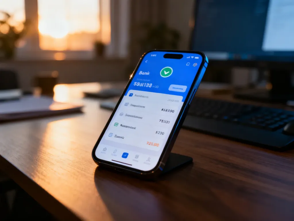 Smartfon z powiadomieniem z aplikacji bankowej na drewnianym biurku w domowym biurze.