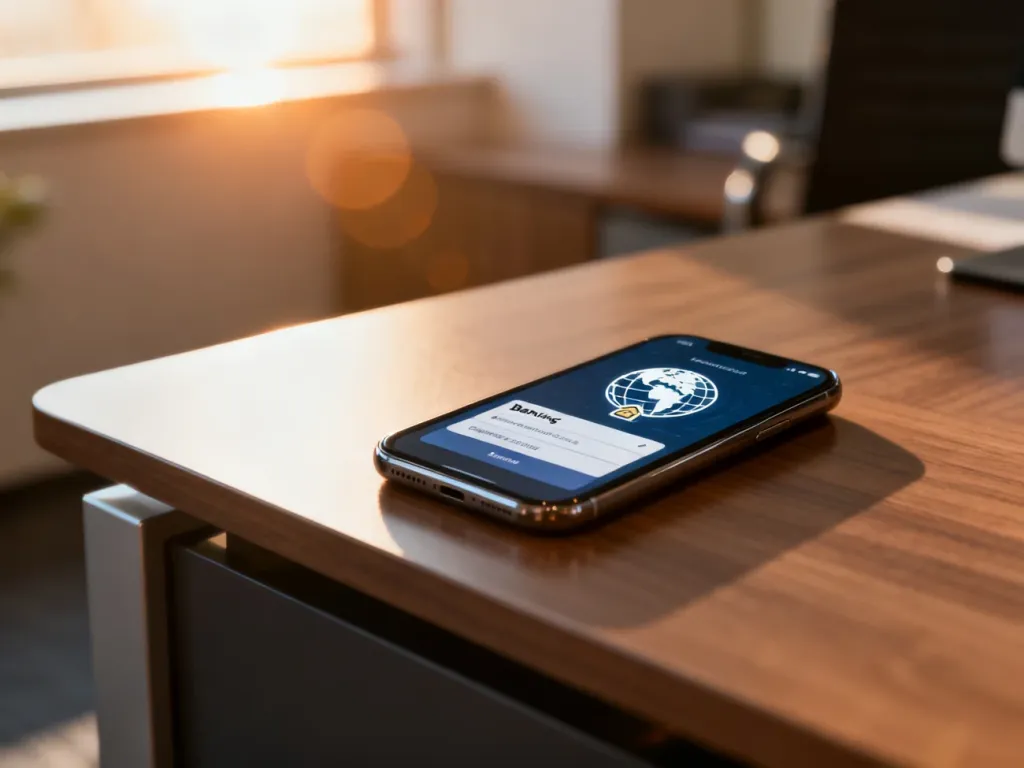 Smartfon z otwartą aplikacją bankową na drewnianym biurku, symbolizujący bezpieczne wykonywanie przelewów zagranicznych.