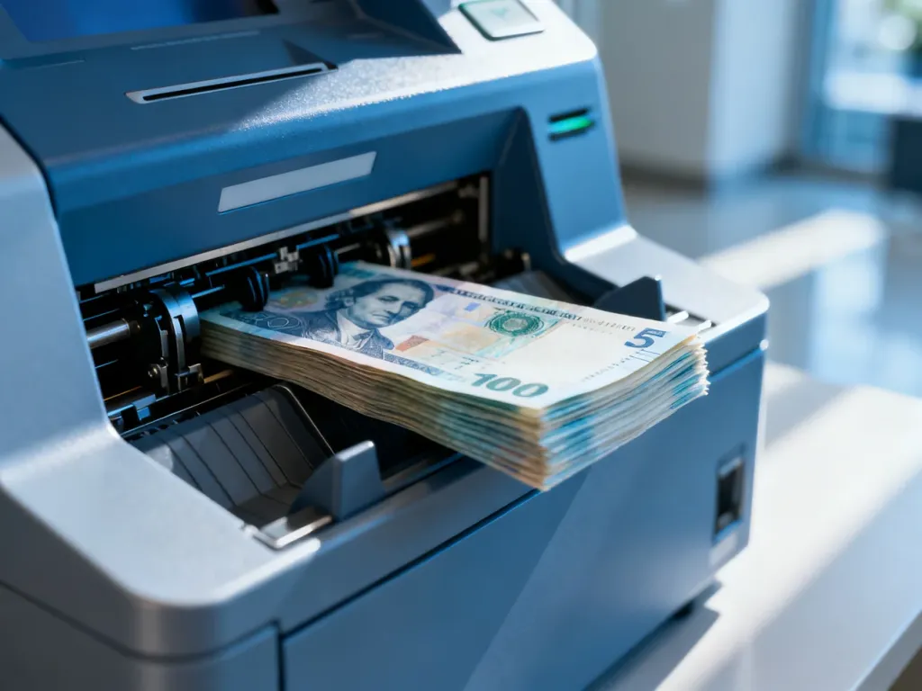 Wpłacanie gotówki do nowoczesnego wpłatomatu bankowego. Zbliżenie na mechanizm przyjmujący banknoty.