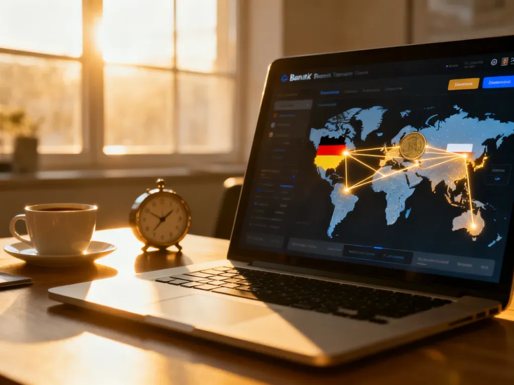 Nowoczesny interfejs bankowy na ekranie laptopa z mapą połączeń między Polską a Niemcami, symbolizujący przelew zagraniczny.
