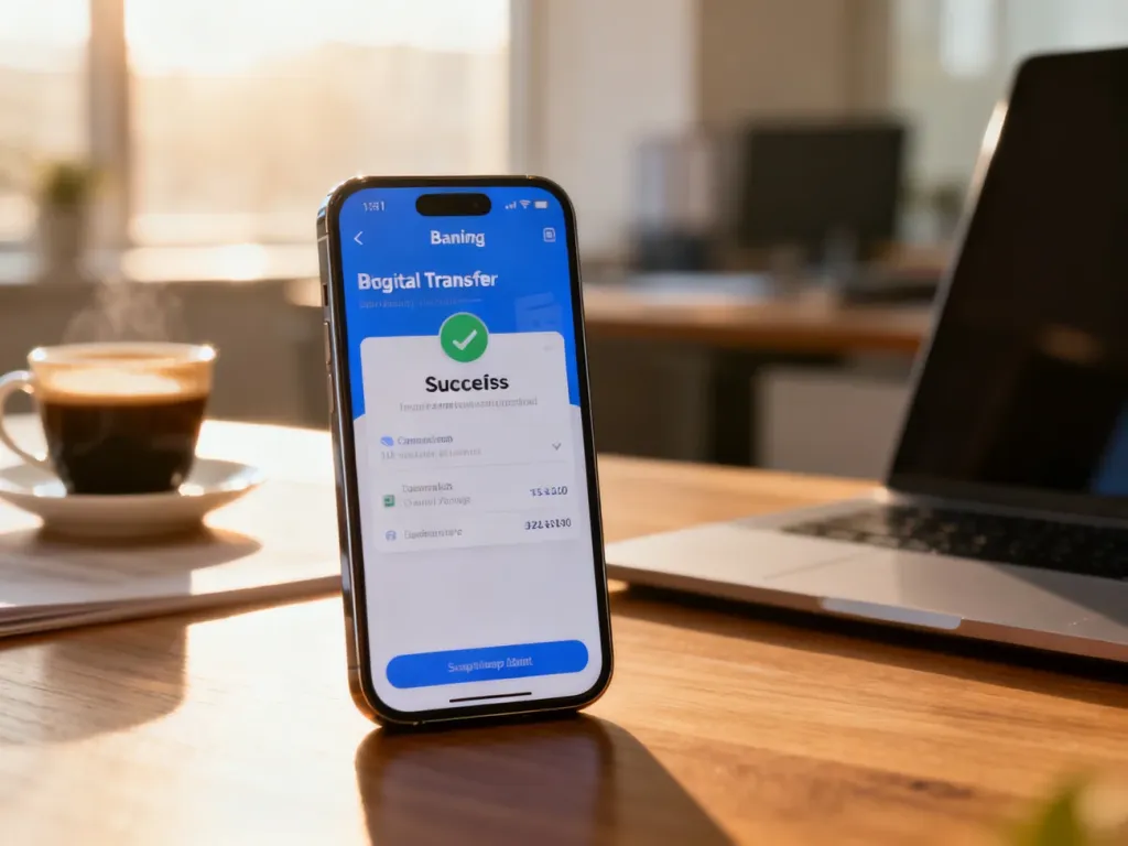 Smartfon z aplikacją bankową potwierdzającą udany przelew na tle biurka, symbolizujący szybki transfer pieniędzy z UK.