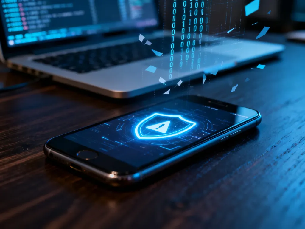 Smartfon z ikoną ostrzeżenia przed cyberzagrożeniem na tle kodu binarnego, symbolizujący ryzyko wyłudzenia danych.