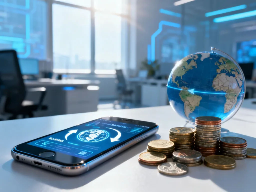 Smartfon z aplikacją bankową do przelewów międzynarodowych, monety i globus symbolizujące globalne transakcje finansowe.