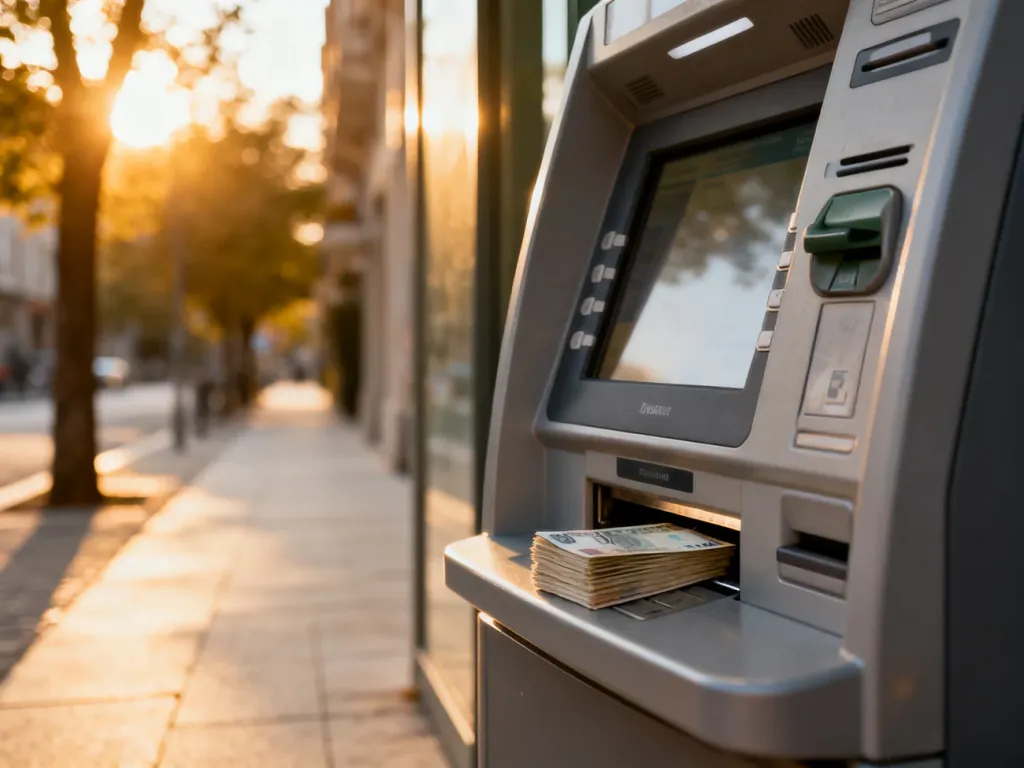 Nowoczesny bankomat na tle miejskiej ulicy podczas zachodu słońca, z widocznym plikiem banknotów w podajniku.