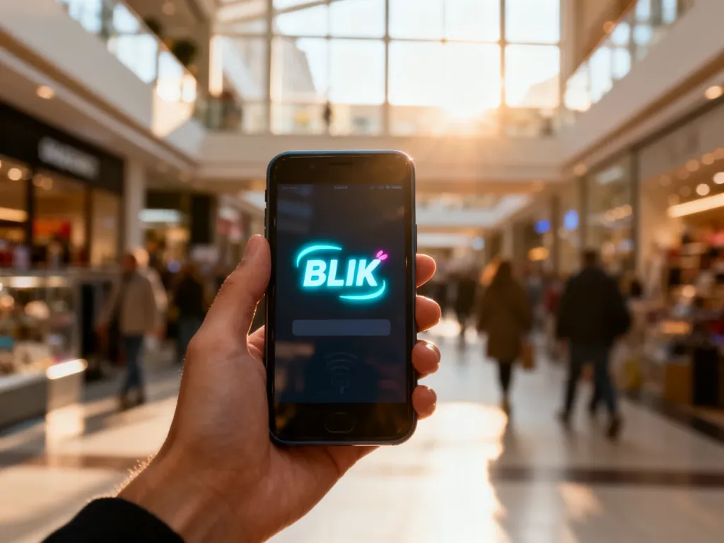 Smartfon z wyświetlonym logo BLIK trzymany w dłoni na tle galerii handlowej, symbolizujący płatności mobilne w sklepach.