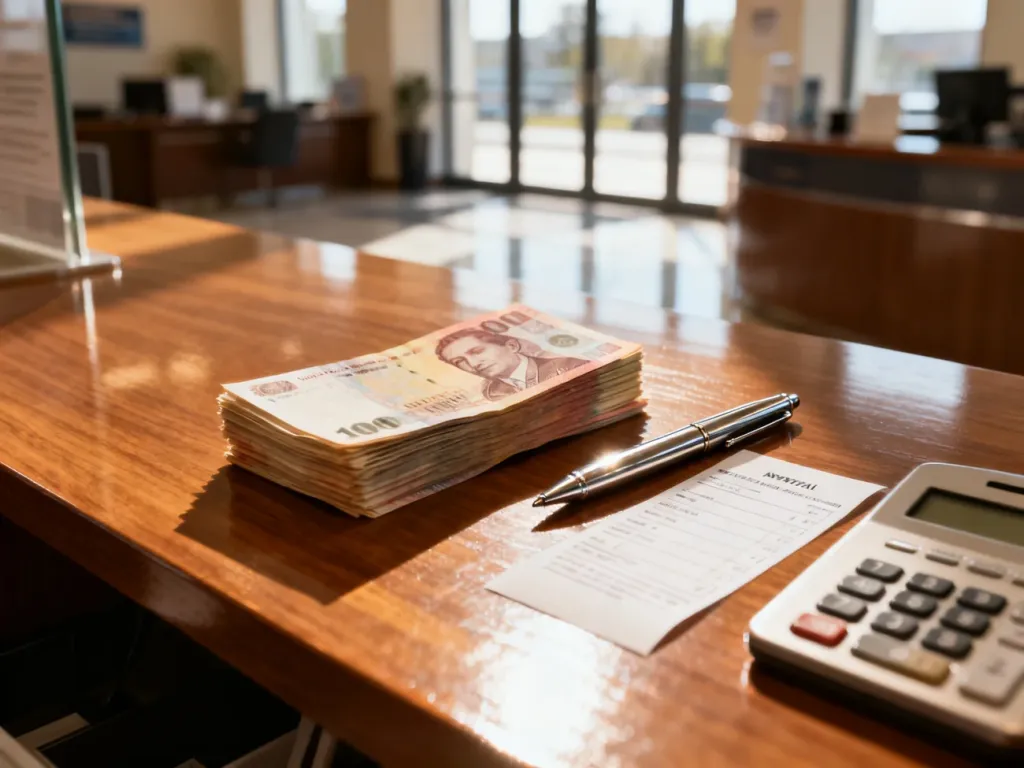 Stos gotówki, długopis i formularz wypłaty na drewnianym blacie w profesjonalnym wnętrzu banku.