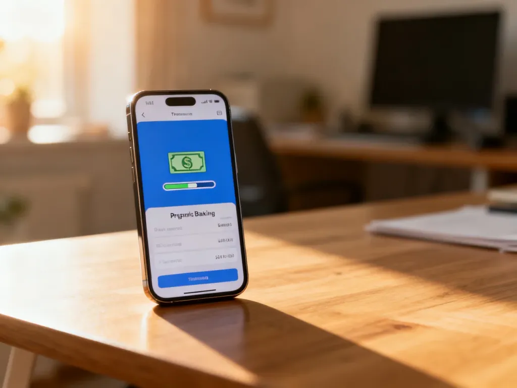 Smartfon z otwartą aplikacją bankową i ikoną ładowania, symbolizujący proces oczekiwania na przelew środków.