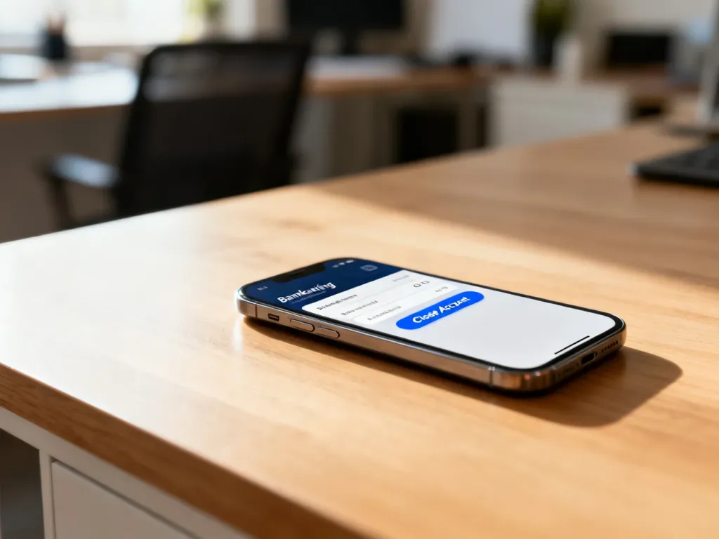 Smartfon z widocznym przyciskiem zamykania konta w aplikacji bankowej, leżący na biurku.