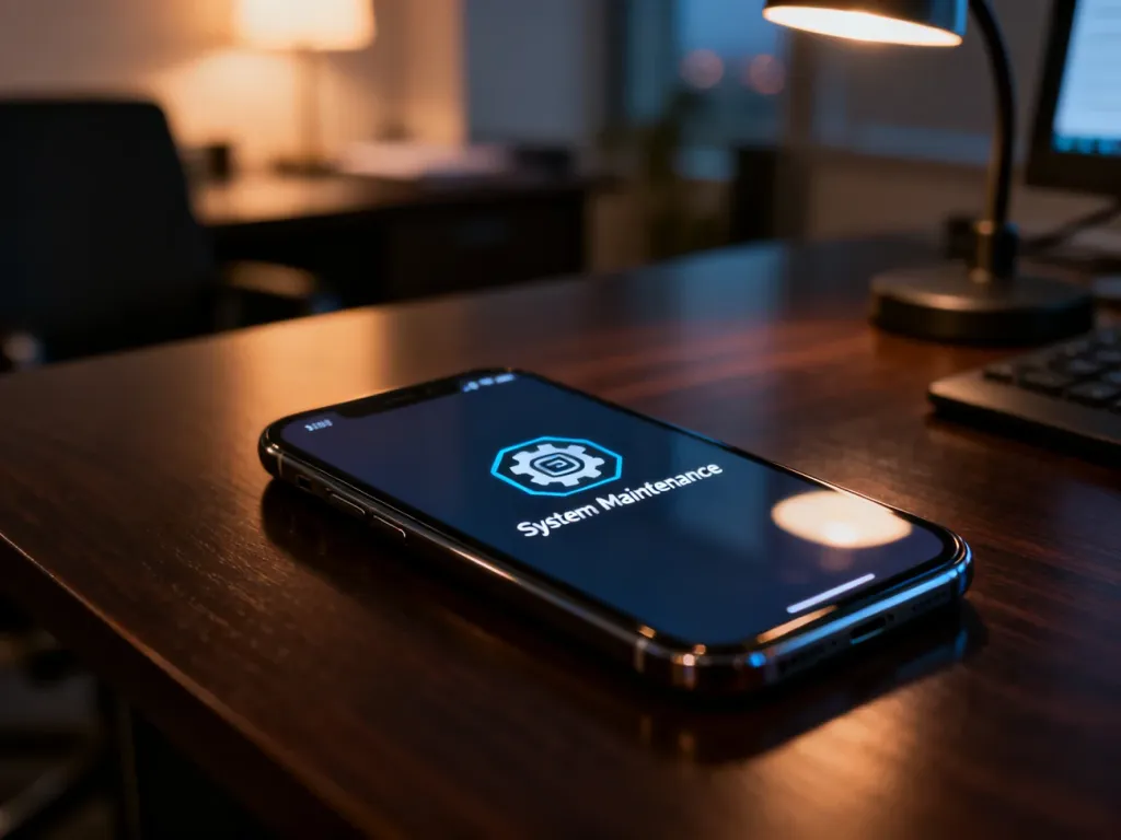 Smartfon z ikoną przerwy technicznej na ekranie, leżący na drewnianym biurku w profesjonalnym biurowym otoczeniu.