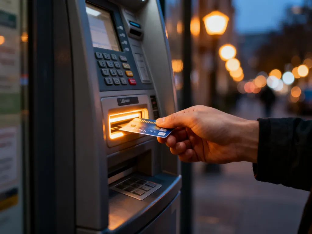 Dłoń wsuwająca kartę płatniczą do podświetlanego czytnika nowoczesnego bankomatu na tle miejskich świateł.