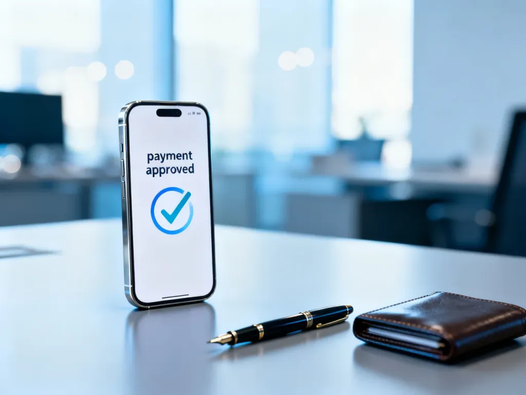 Smartfon z potwierdzeniem płatności na ekranie, leżący na biurku obok portfela i pióra, symbolizujący nowoczesną bankowość.
