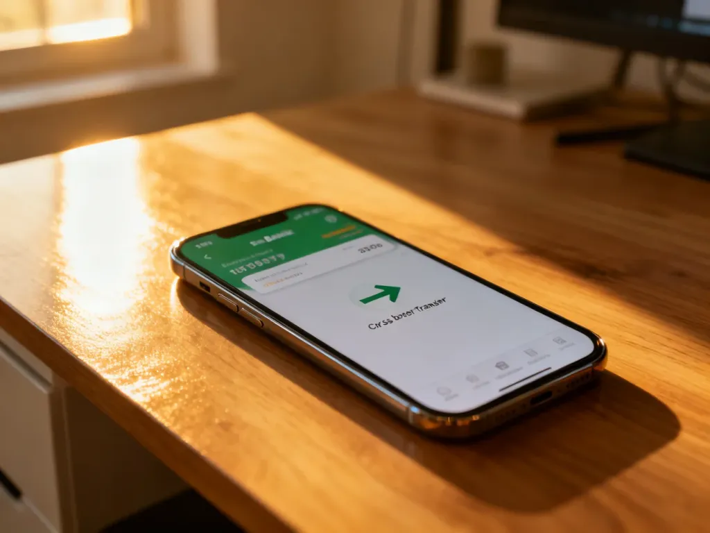 Smartfon z otwartą aplikacją bankową na drewnianym biurku, symbolizujący proces wykonywania międzynarodowego przelewu.