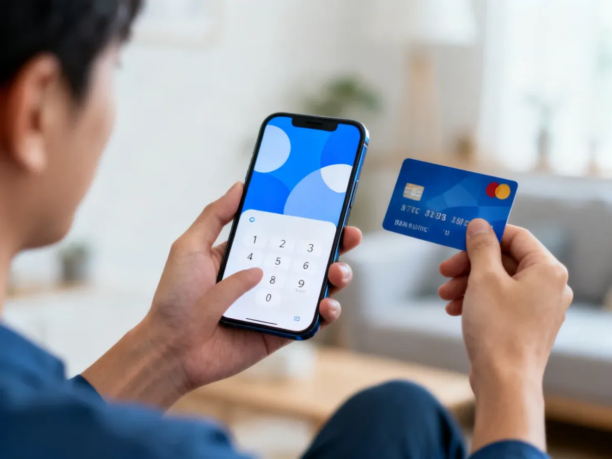 Osoba zmieniająca PIN karty w aplikacji bankowej na smartfonie