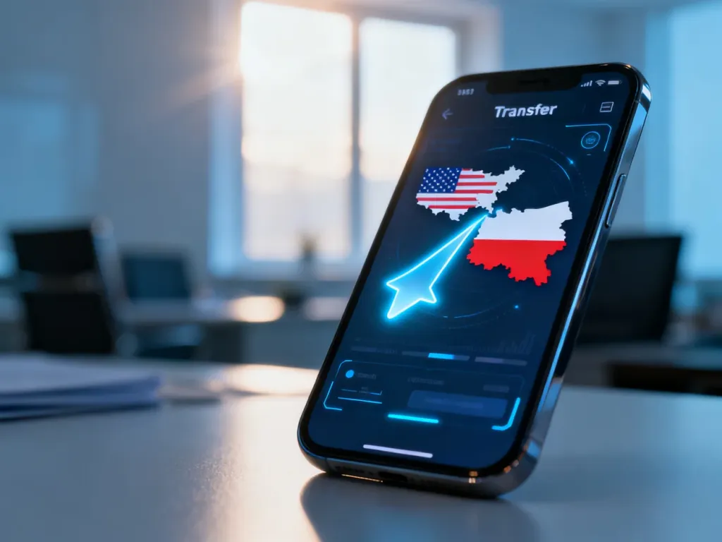 Smartfon z interfejsem przelewu międzynarodowego między mapą USA a Polski w profesjonalnym biurowym otoczeniu.