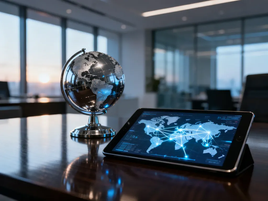 Model globu i tablet z mapą połączeń finansowych na biurku, symbolizujące międzynarodowe przelewy bankowe do USA.