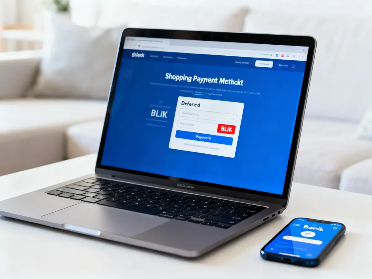 Ekran koszyka internetowego z wybraną opcją odroczonej płatności BLIK i smartfonem z aplikacją bankową