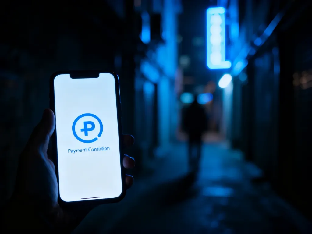 Świecący smartfon z ikoną płatności na tle mrocznej ulicy, symbolizujący zagrożenie oszustwem finansowym online.