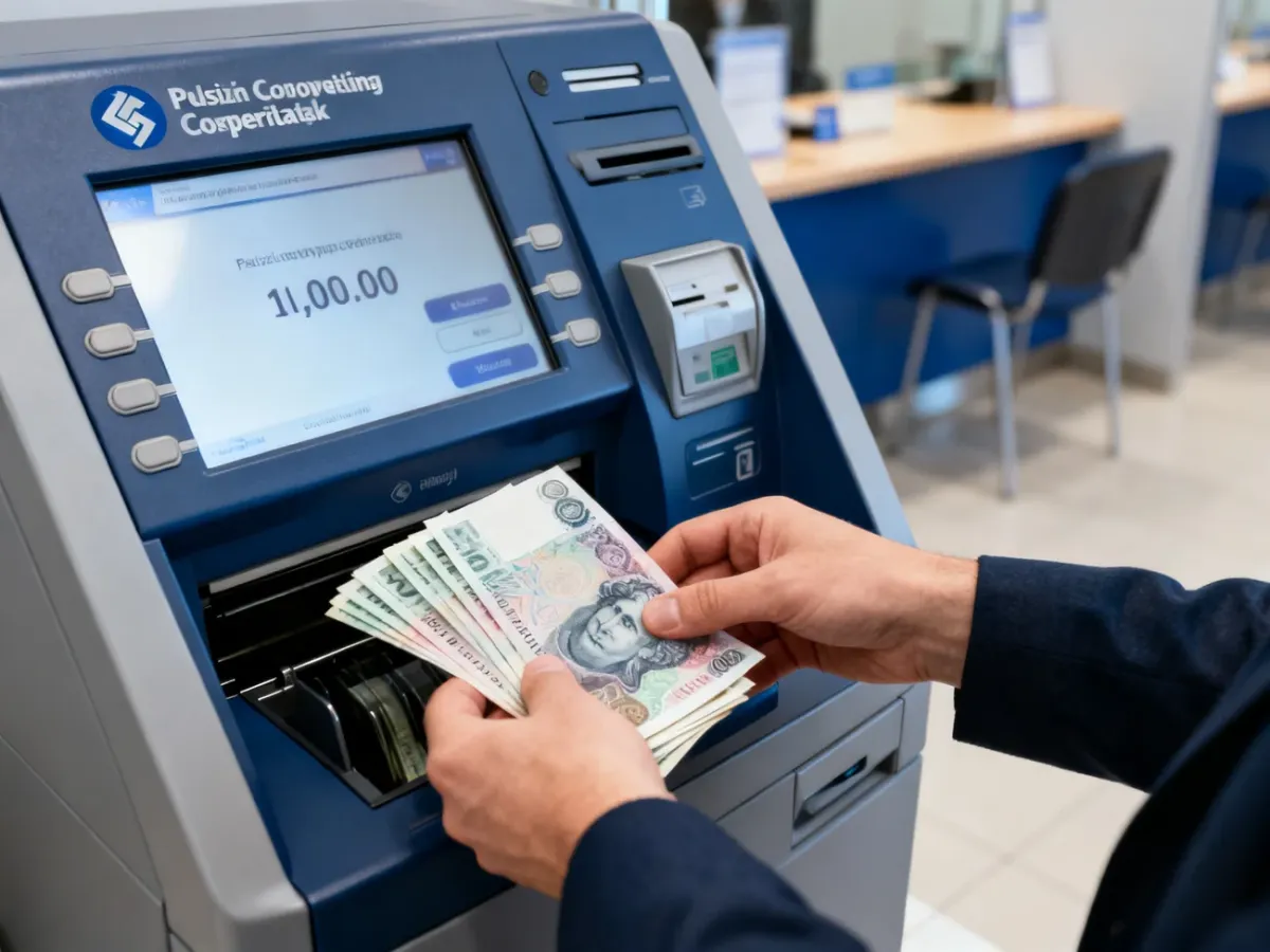 Klient wpłacający polskie banknoty do wpłatomatu