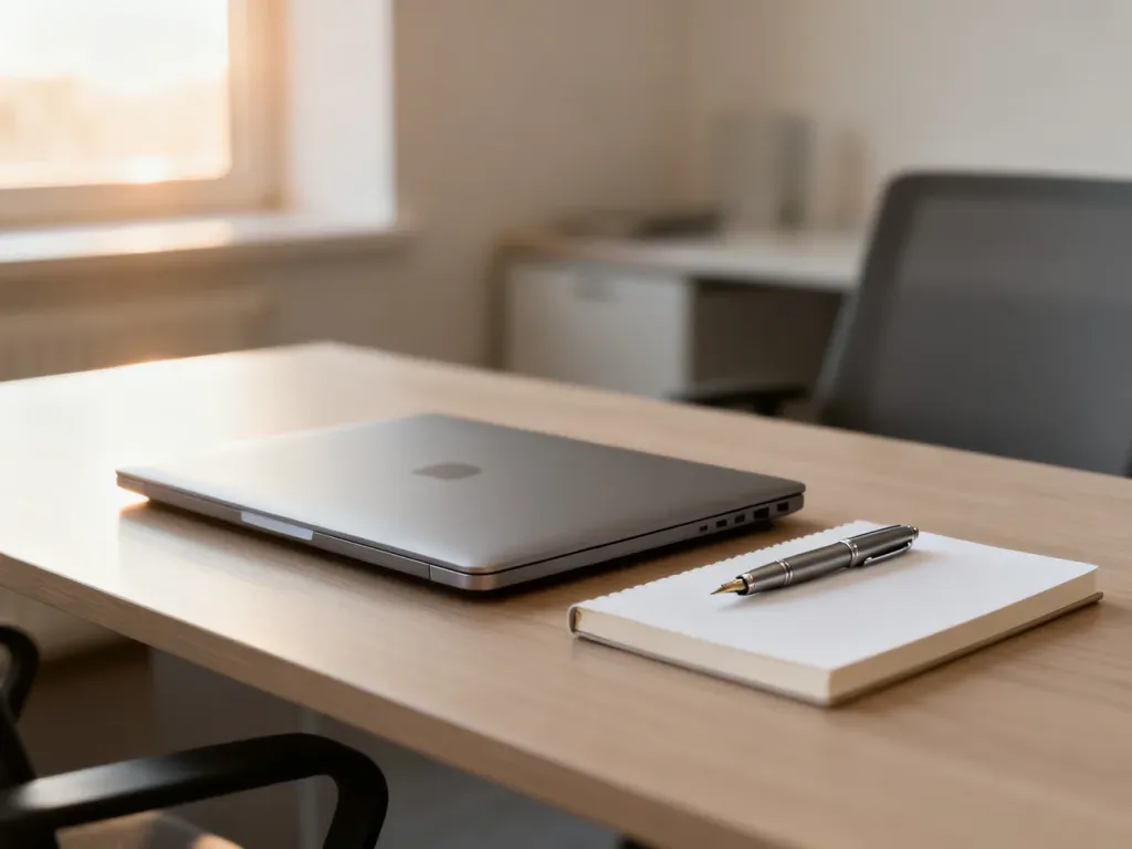 Zamknięty laptop na biurku w uporządkowanym biurze, symbolizujący zakończenie formalności i porządek w sprawach finansowych.