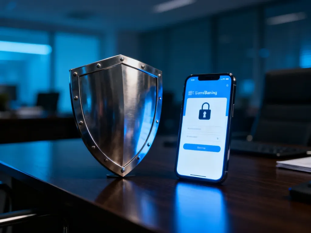 Metalowa tarcza i smartfon z ikoną kłódki na biurku, symbolizujące bezpieczeństwo finansowe i ochronę przed oszustwami.