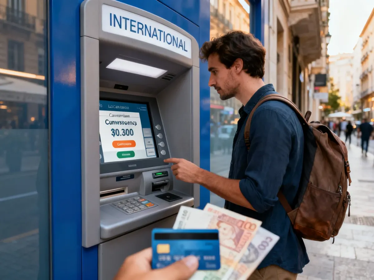 Podróżny wybierający wypłatę w lokalnej walucie przy bankomacie