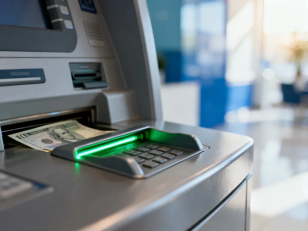 Szczelina wpłatomatu z podświetlanym na zielono wskaźnikiem gotowości do przyjęcia banknotów.