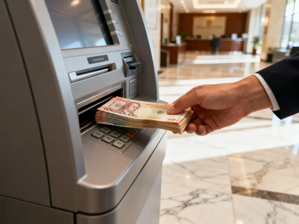 Dłoń wpłacająca gotówkę do bankomatu w nowoczesnym lobby bankowym. Ilustracja procesu wpłaty pieniędzy na konto.
