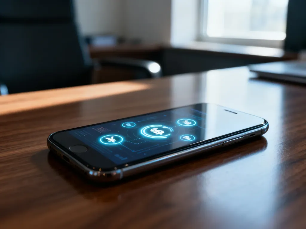 Smartfon z przejrzystym interfejsem finansowym na biurku, symbolizujący nowoczesne i szybkie zarządzanie przelewami.