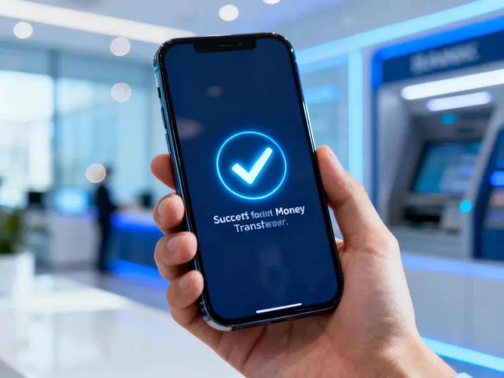 Smartfon z powiadomieniem o udanym przelewie BLIK w nowoczesnym biurze finansowym.