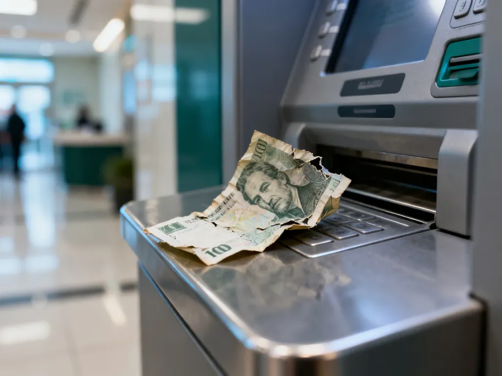 Pognieciony i lekko naderwany banknot przy szczelinie wpłatomatu, ilustrujący problematykę wpłacania uszkodzonych pieniędzy.
